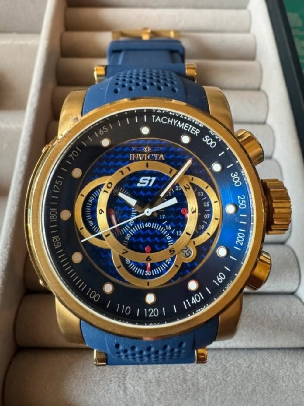 Invicta S1 Rally Gold Tone Blue Chronograph Watch 19330 Silicone Strap